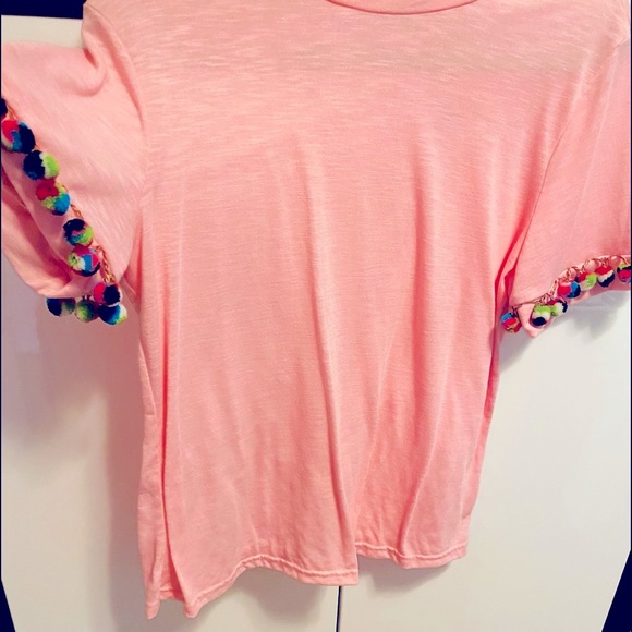 Shein Pink Pom Pom Trimmed Sleeve Tee Shirt - Picture 9 of 15